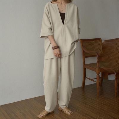 2024 Summer Women's Solid V-Neck Two-Piece Set: Urban Casual Loose Fit In Two Colors