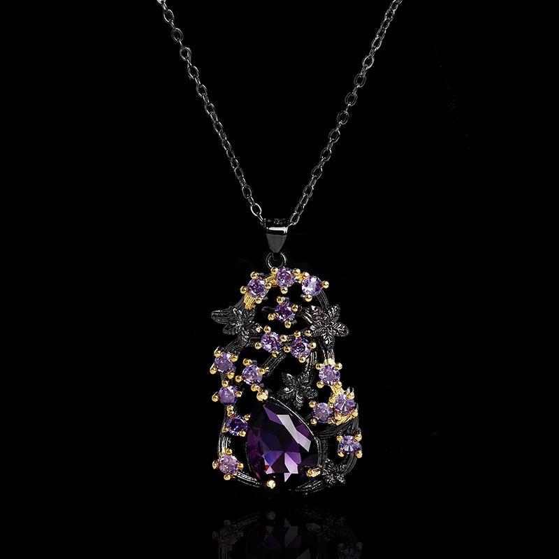 Flower Sweater Chain Personality Pendant Two-Tone Jewelry Women'S Necklace Black Gold Jewelry Purple Gemstones Elegant Purple