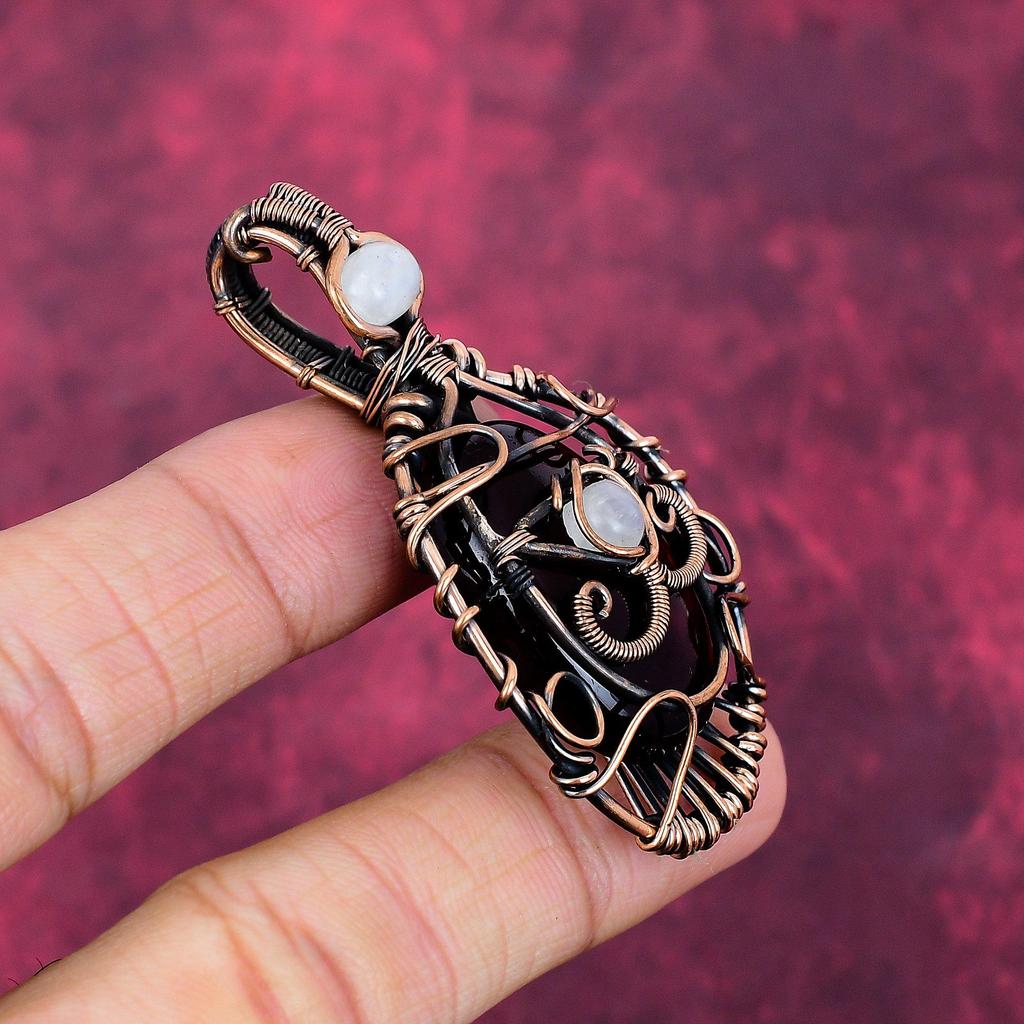 Evil Eye Red Fire Labradorite Pendant Copper Wire Wrapped Gemstone Jewelry
