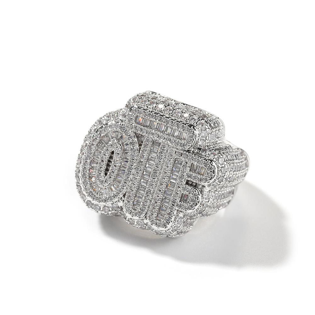Hip hop creative copper inlaid zircon full of diamonds cool OTFJ ring personality classic high street trendy man popular ring
