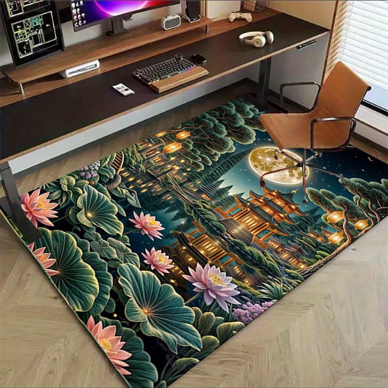 1PC Moonlit Temple Lotus Pond Non-Slip Floor Carpet Compatible for Office&Living Room&Bedroom&Dining Room - Flat - Weave Machine-S0333