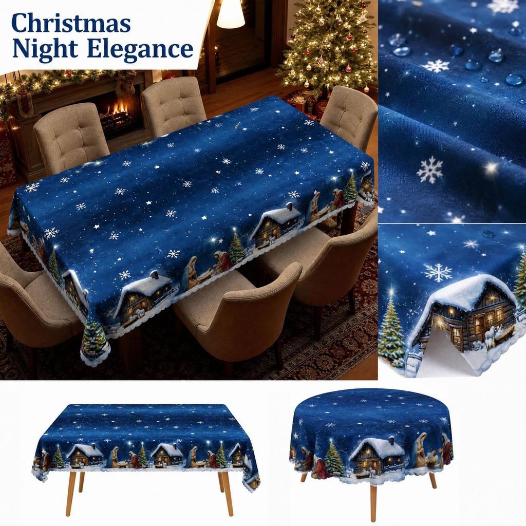 Elegant Christmas Tablecloth with Night Scene Print, Oil- Clean, Round or Square Decorative Table Cover for Holiday Party Dining