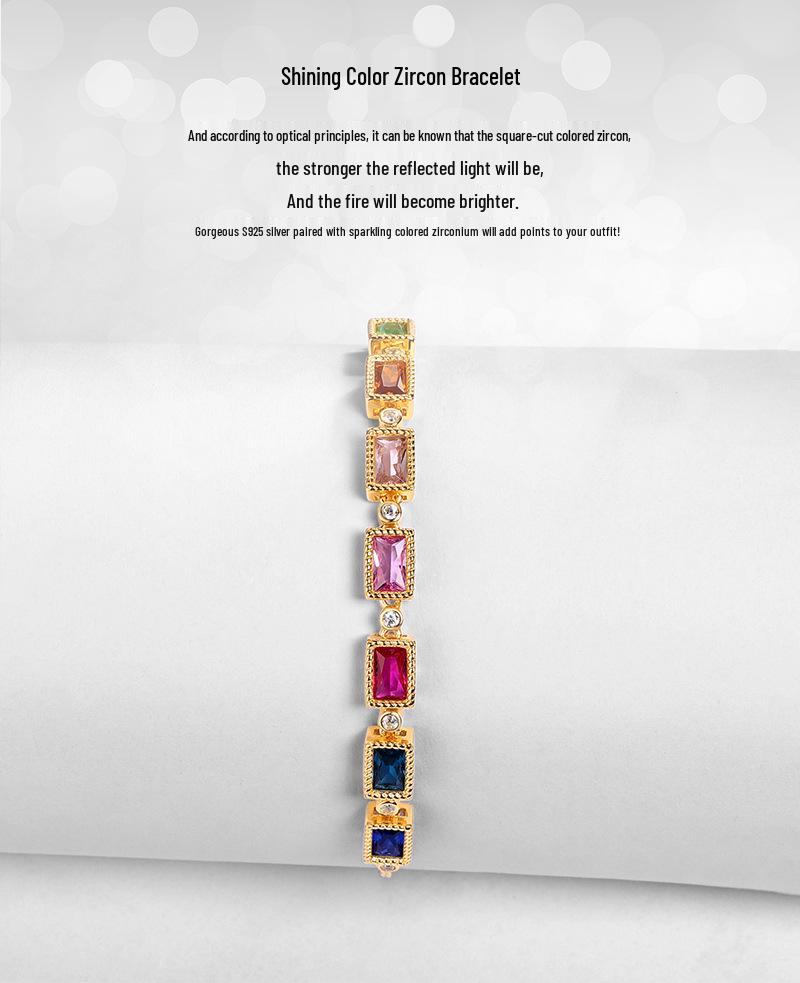 S925 Silver Gold-Plated Rainbow Zircon Bracelet with Multi-Color Gemstones - Luxurious Holiday Gift