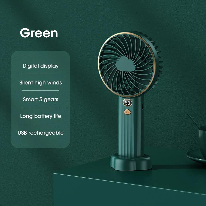 

2026 Portable Mini USB Fan 3000mAh Rechargeable Handheld Desktop Fan with LED Display for Office зелений