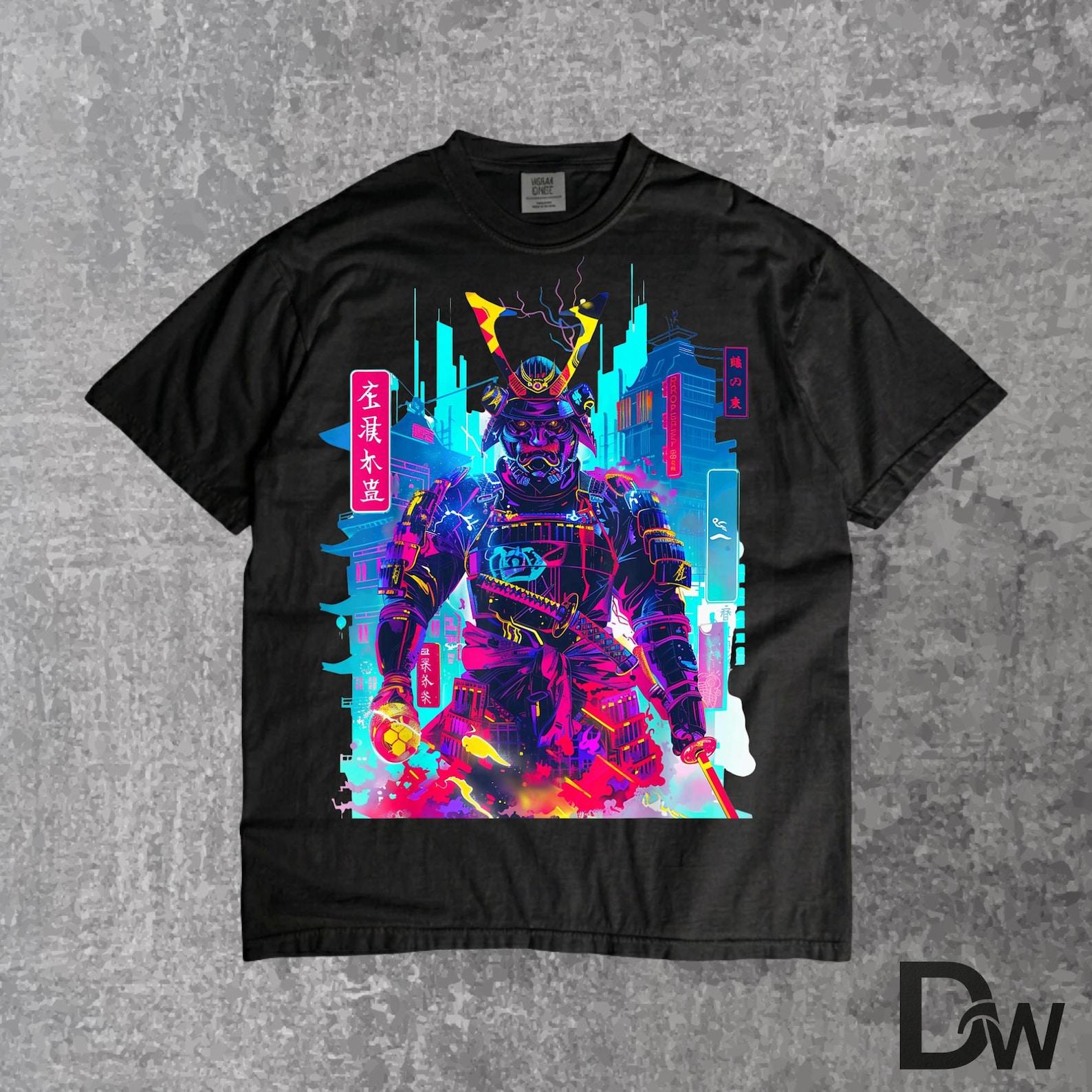 Cyberpunk Neon Samurai Japanese Art T-Shirt | Retro Futuristic Warrior Graphic Tee, Anime Gift 3XL