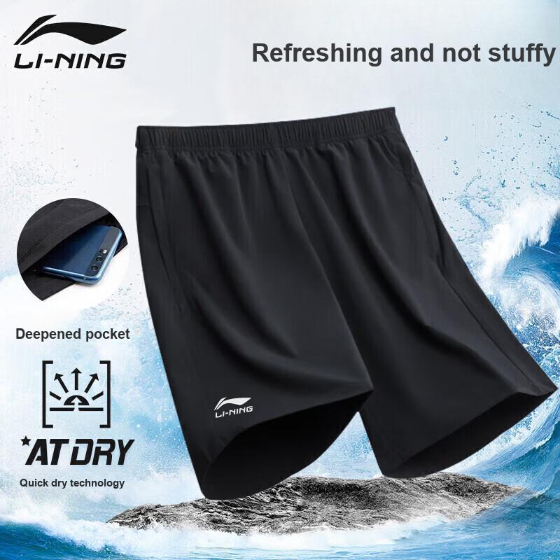 Li-Ning Solid Color Round Neck Sleeveless T-Shirt And Mid-Waist Elastic Shorts Casual Sports Set Men Sets Black ZHMB407-1+ZHMB063-2