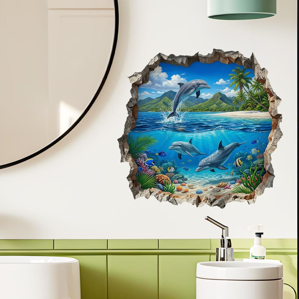 Broken Wall Underwater World Dolphin Living Room Bathroom Toilet Wall Decoration Wall Sticker