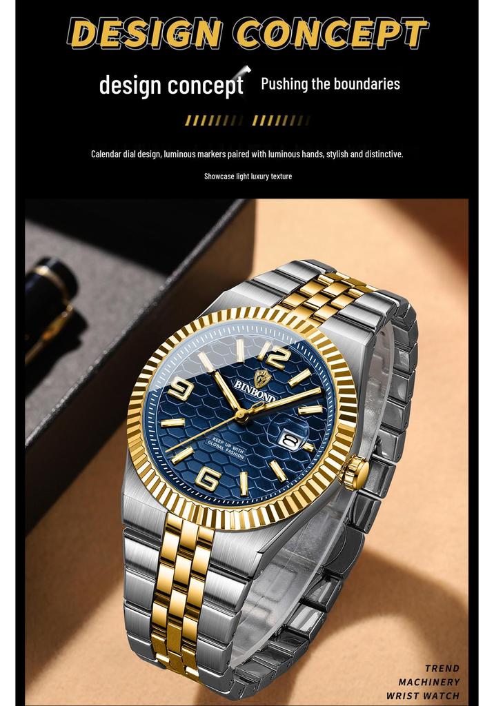 Binbang BINBOND Men's Luminous Waterproof Watch with Calendar and Large Dial