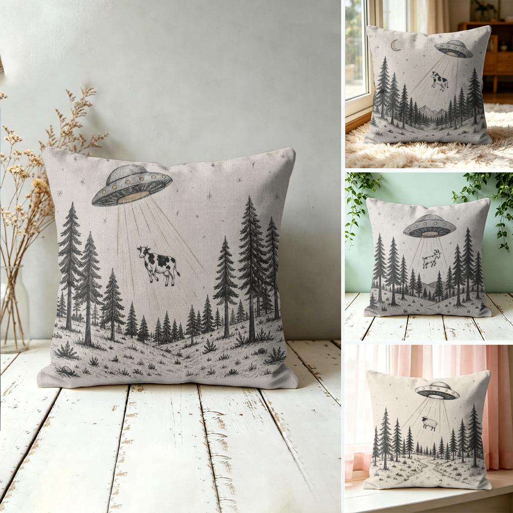 UFO Cow Sci Fi Aesthetic Forest Pillow Case Double-Sided Plush Sofa Cushion Covers Organic Breathable Invisible Zipper