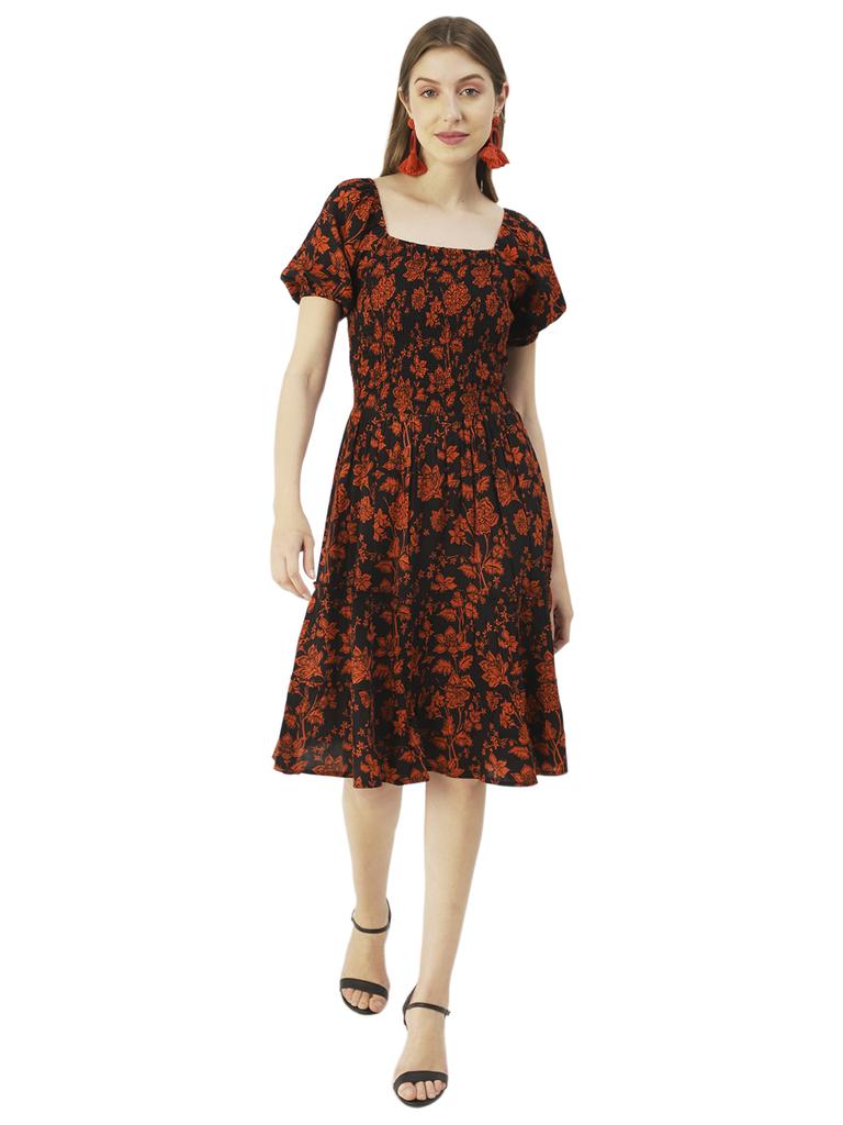 Moomaya Square Neck Tiered Dress, Knee Length Flared Smocked Summer Dress