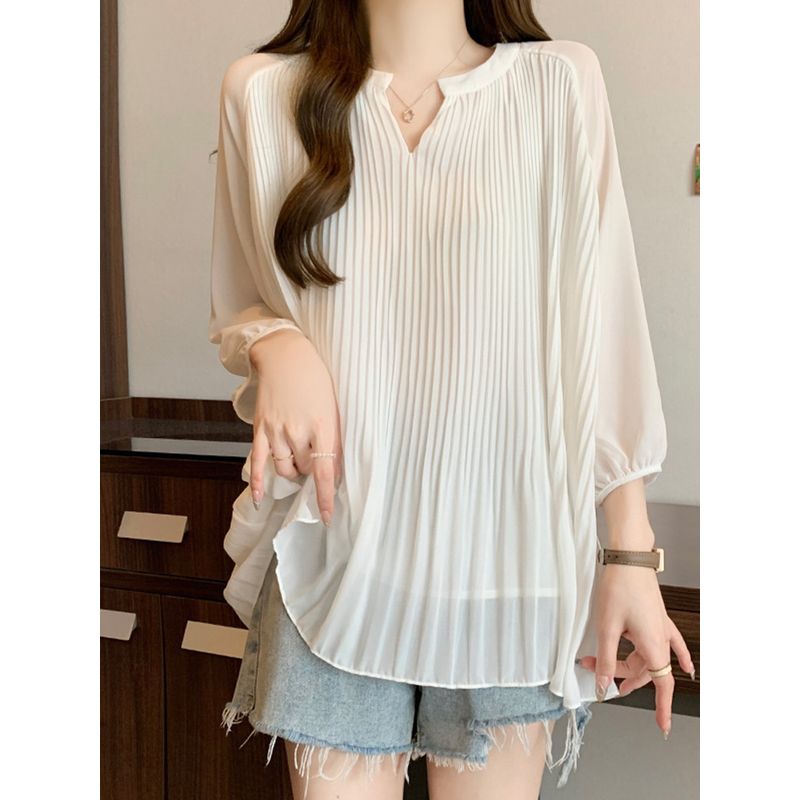 

Ruffles Belly-Covering Chiffon Shirt Loose Slim Looking Short Sleeve White L [Recommendation 50-60kg]