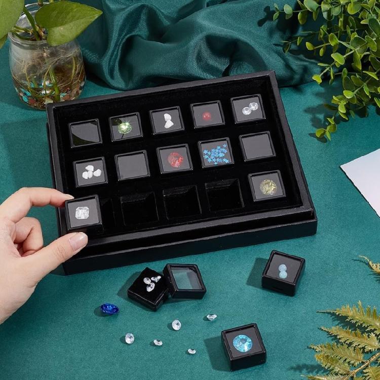 15Pcs Compact 3Cm Square Jewelry Storage Boxes With Clear Covers And PU Padding For Secure Gems Protections