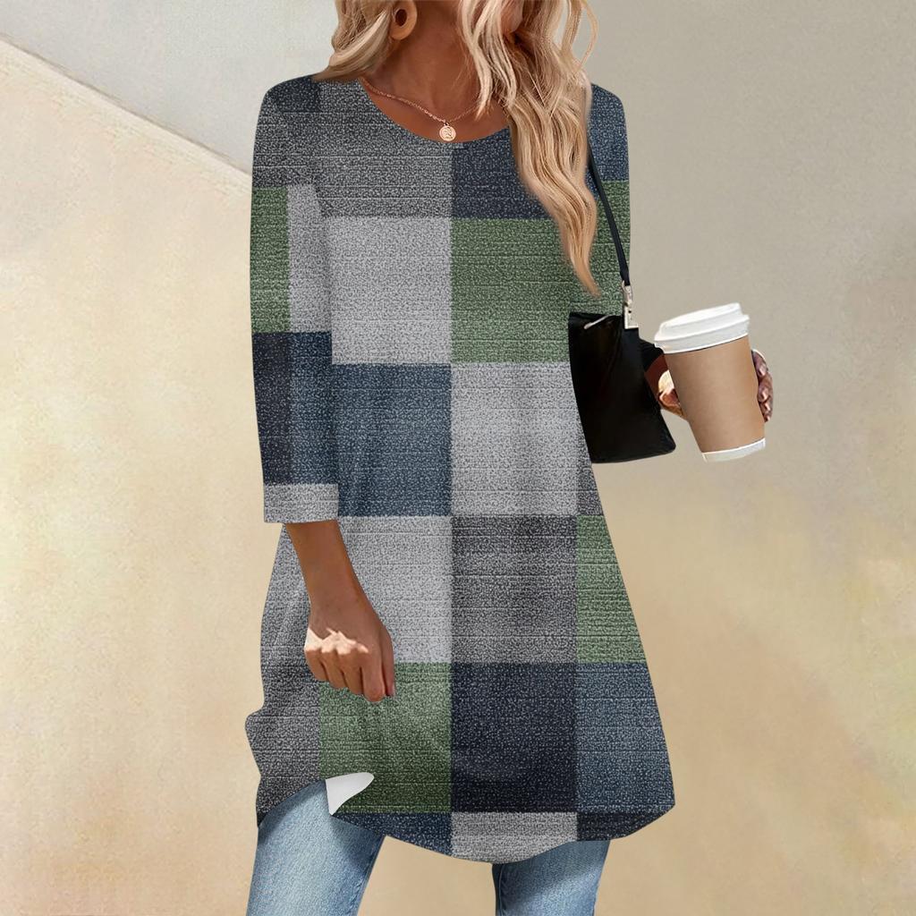 Women's Fashion Casual Three-quarter Sleeve Long Retro Printed Round Neck Top