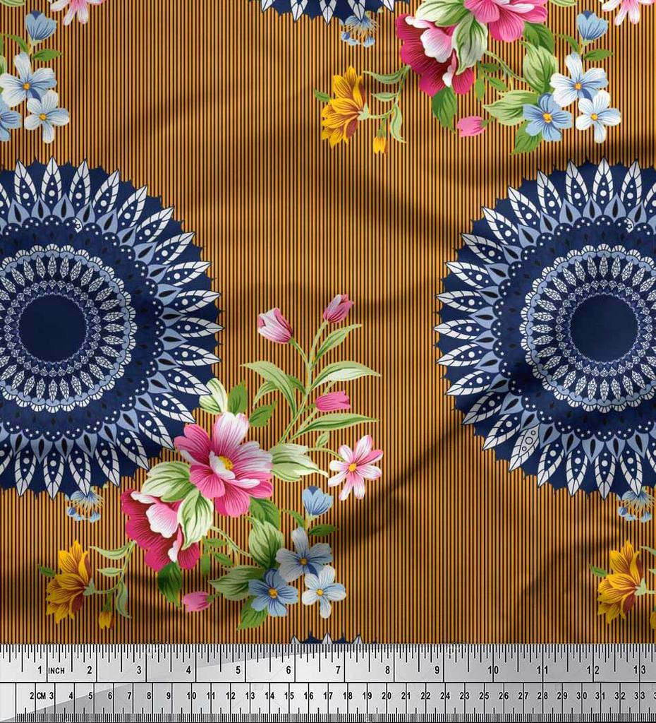 Soimoi Japan Crepe Satin Fabric Stripe,Floral & Mandala Printed Craft Fabric by the Metre 42 Inch