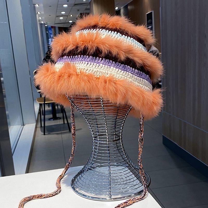 New autumn and winter rabbit fur decoration big head circumference women's fur hat fisherman's hat bucket hat ear protector knitted hat tide