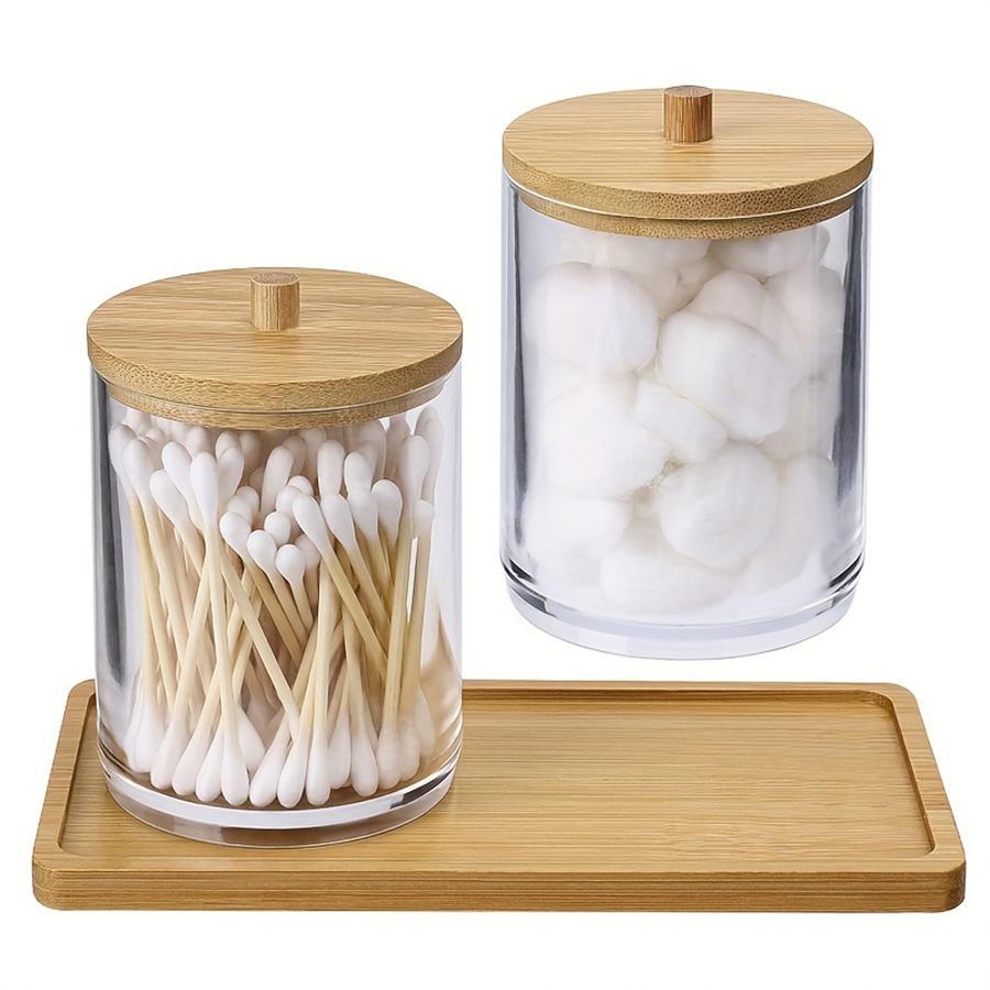 

2Pack Acrylic Cotton Swab Holder Dispenser with Tray, 10oz Bathroom Canisters Organizer Apothecary Jars Cotton Swab Holder