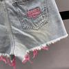 Women's Summer Korean Vintage Contrast Color Tassel Ripped Jeans Shorts Female High Waist Streetwear Y2K Sexy Short Denim Pants