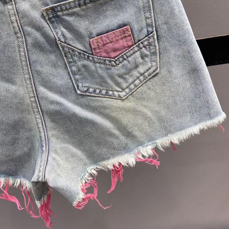 Women's Summer Korean Vintage Contrast Color Tassel Ripped Jeans Shorts Female High Waist Streetwear Y2K Sexy Short Denim Pants