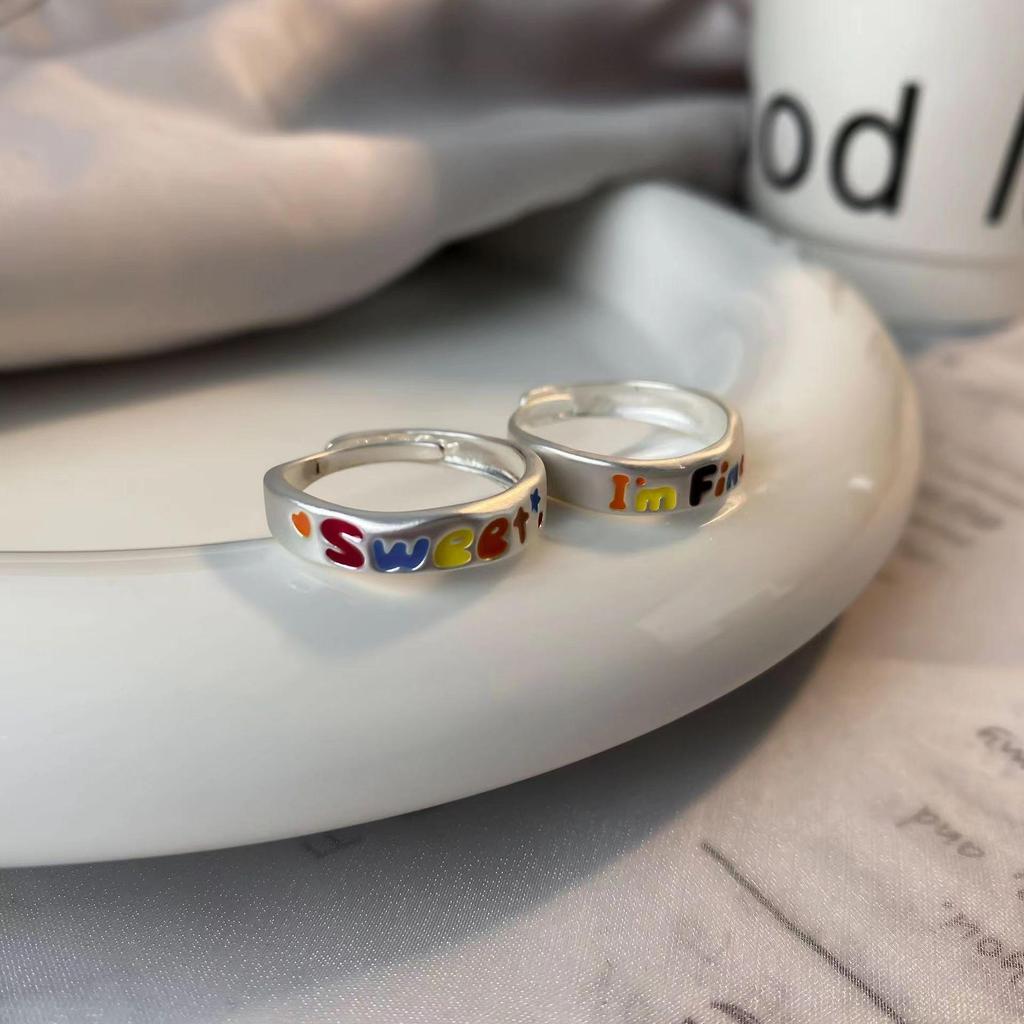 Women's Colorful Oil-Drip Brushed Letter Ring - Niche, Simple, Fashionable, Versatile Couple's Personality Ring