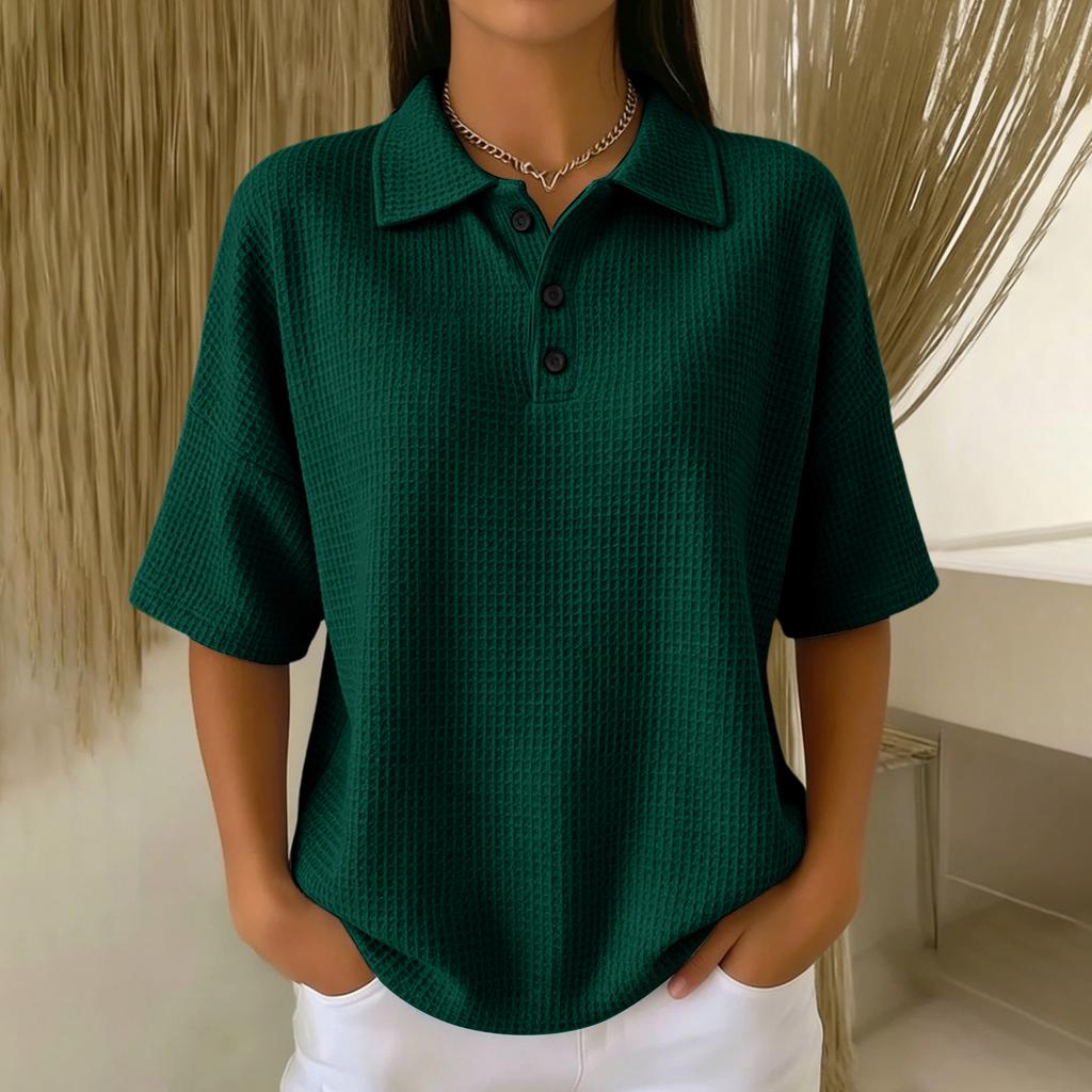 Women’s Knit Short Sleeve Polo Shirt with Button Front and Relaxed Fit for Casual and Everyday Wear