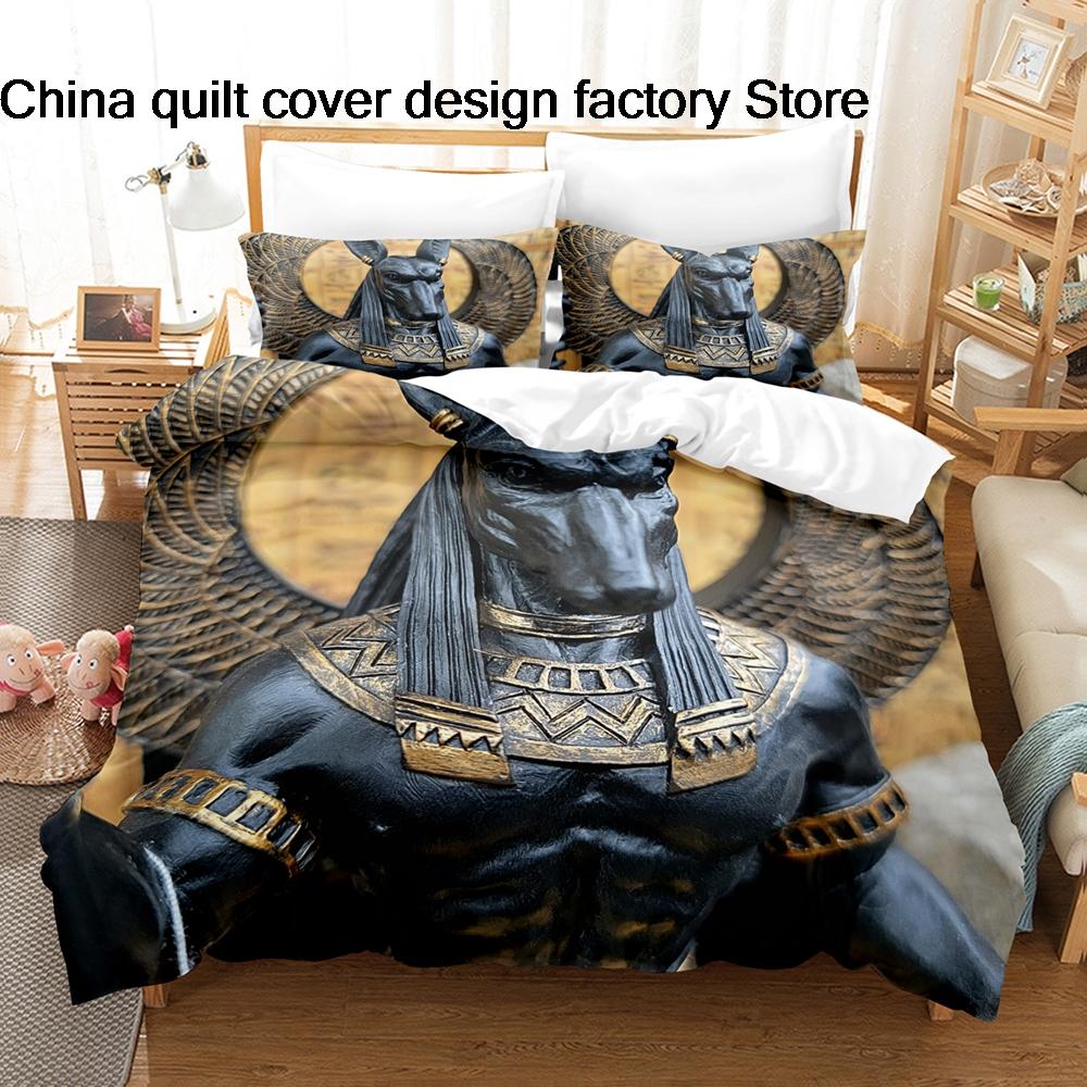 3Pcs Anubis Ancient Egypt Bedding Set 3D Print Egyptian Mythology Duvet Cover Pillowcases for Spiritual Room Decor Gift