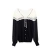Elegant French Knit Lace Patchwork V-Neck Pearl Button Long Sleeve Cardigan