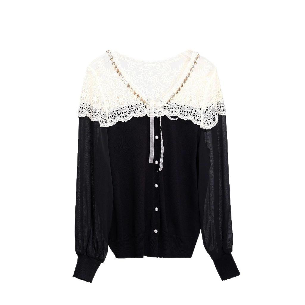 Elegant French Knit Lace Patchwork V-Neck Pearl Button Long Sleeve Cardigan