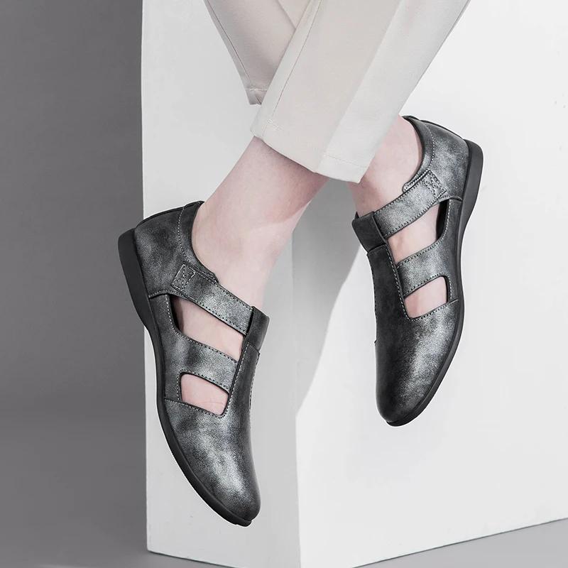 Fashion Summer New Hollow Breathable Leather Shoes Men Business Sandals High Quality Leather Casual Soft Shoes Comfortable Beach Sandals