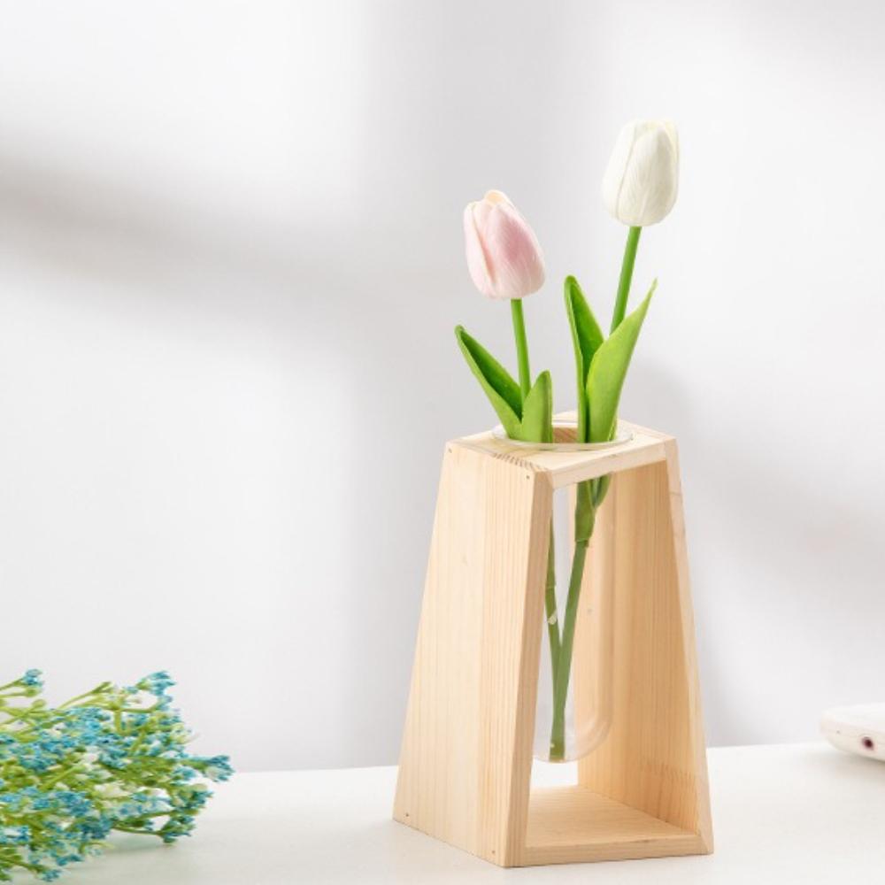 Simple Nordic Hydroponic Green Plant Vase Test Tube Wooden Frame Flower Arrangement Decorative Vase Tabletop Plants Home Decor