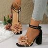 Women's Square Head Open Toe Flower Fine Strap Non-slip Wear Resistant Chunky Heels Party Super High Heel Sandals