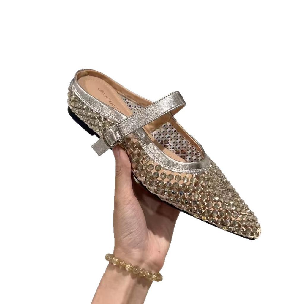 Fashion Women Slippers  New Rhinestone Leisure Slipper Retro Pointed Toe Metal Buckle Fashion Half Slipper Sandalias De Mujer