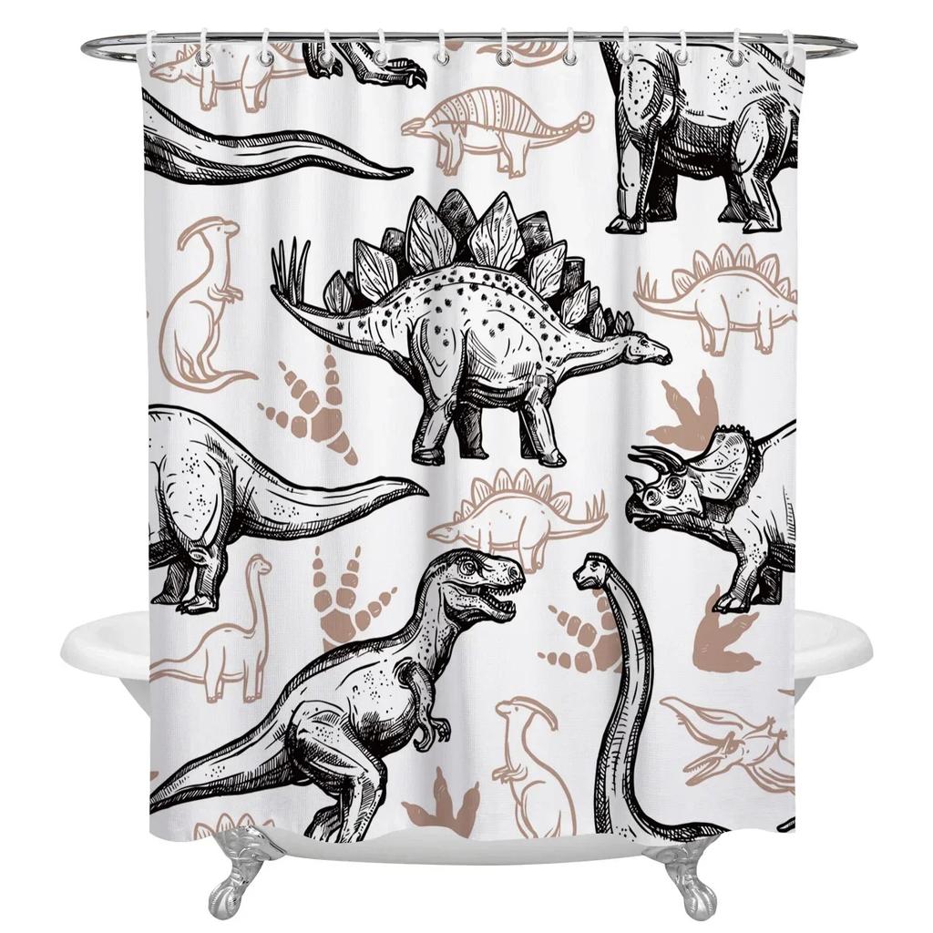 Dinosaur Sketch Shower Curtain: Fun, Vintage-Inspired Bathroom Decor for Playful, Educational Ambiance and Imaginative Touch