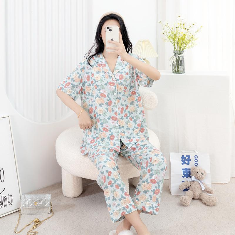 Cotton and silk pajamas women's spring and summer short-sleeved large-size suit spring and autumn thin cartoon printed loungewear