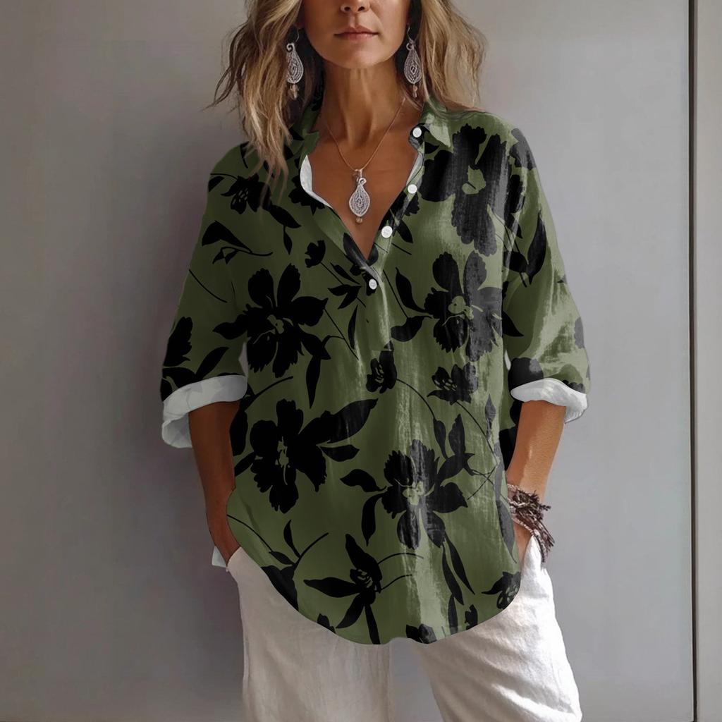 Women's Casual Spring And Summer Loose Printed Casual Sleeved Lapel Pullover Shirt
