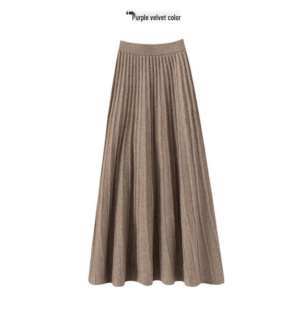 Women's 100% Pure Cashmere High Waist Long Skirt - Solid Color, Elastic Drape, Plush for Autumn/Winter