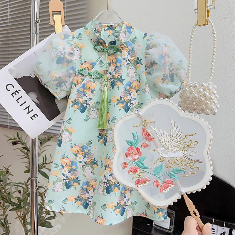 Girls' Summer Puff Sleeve Cheongsam Princess Dress