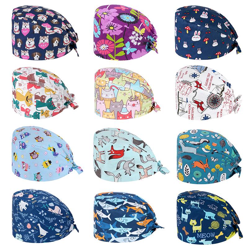 new Cotton Section for Man and woman Scrubs Caps Hospital Medical Hats Black Printing Elastic Tieback Design and Pet Medical Hat