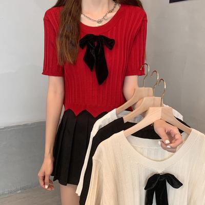 Bow Top Casual All-matching Base Shirt Summer Korean Version of The New Thin Short-sleeved Sweater T-shirt Woman
