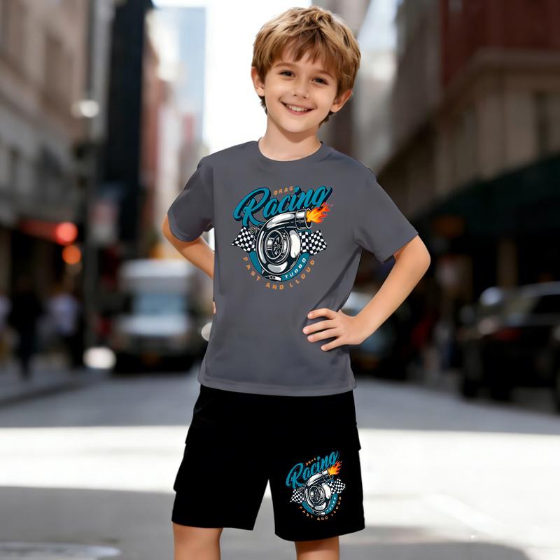 Boys 2 Piece Racing Culture Themed Print Outfit, Short Sleeve T-Shirt and Shorts Set for Kids Age 5-14,Black and White Sporty Casual Summer Clothes