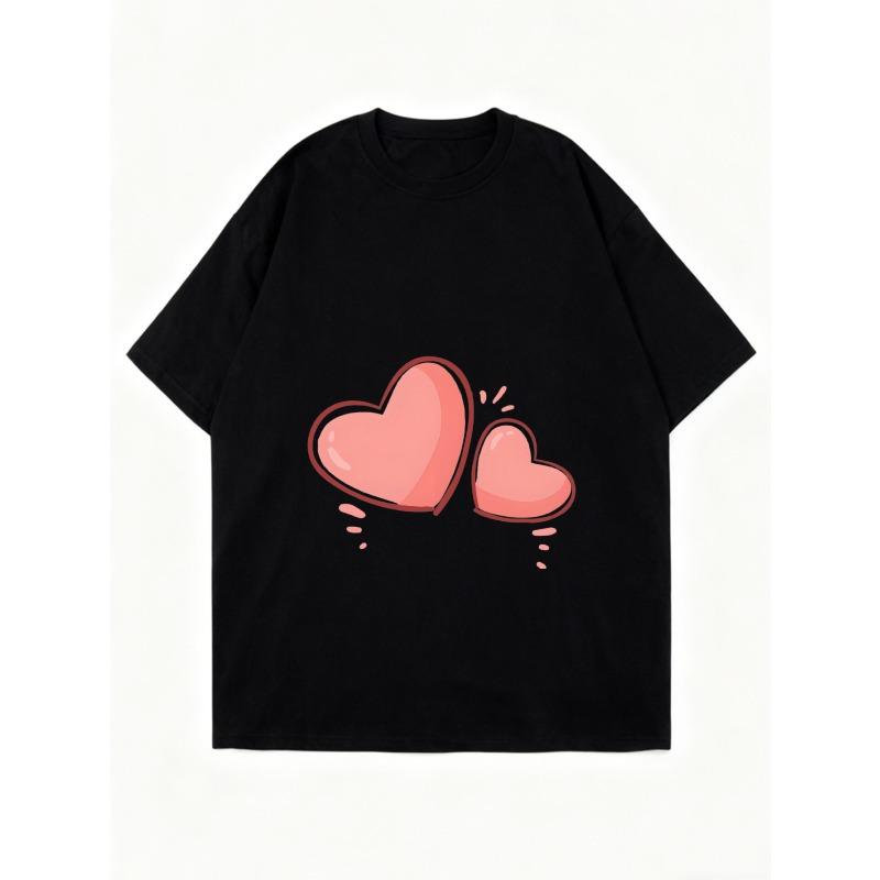 Women's Short-Sleeve T-Shirt with Cute Pink Double Heart Cartoon Print