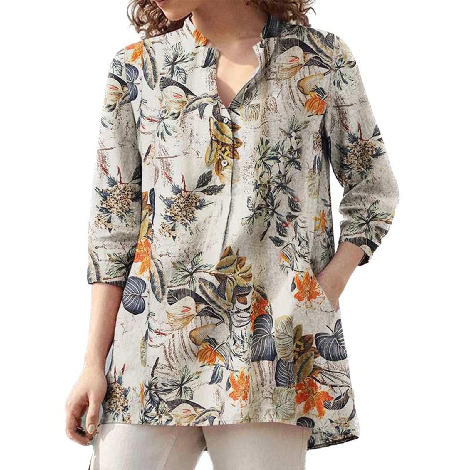 

Женская мода Повседневная рубашка с семью рукавами и принтом на пуговицах Топ хаки
