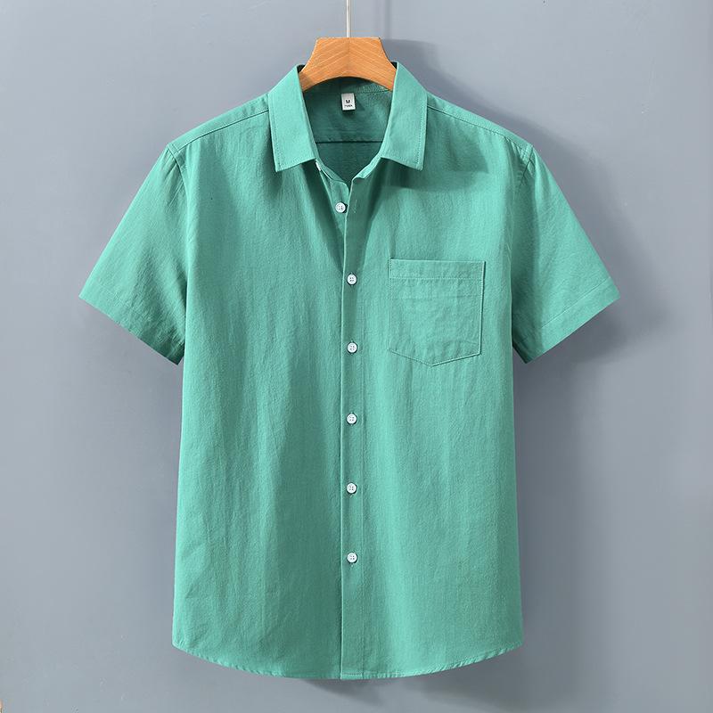 Korean Mens Short Sleeve Shirt Daily Summer Tops Pocket Solid Color Turn-down Collar 100Cotton Casual Shirts Simple Style Clothing