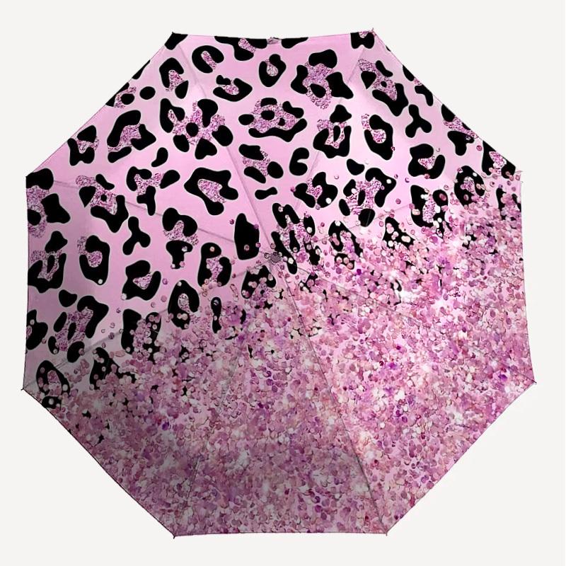 1 Stück Leopardendruck Glitzer-Regenschirm - 9 Speichen verstärkt, Automatisches Öffnen, Leicht & Langlebig, Niedliches Modeaccessoire für Draußen - P0769