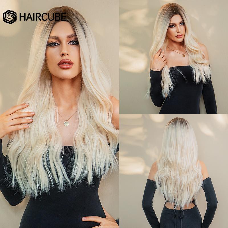 HAIRCUBE White Platinum Mixed Brown Synthetic Wigs Long Wavy Natural Hair Wigs for Women Middle Part Daily Heat Resistant Wigs