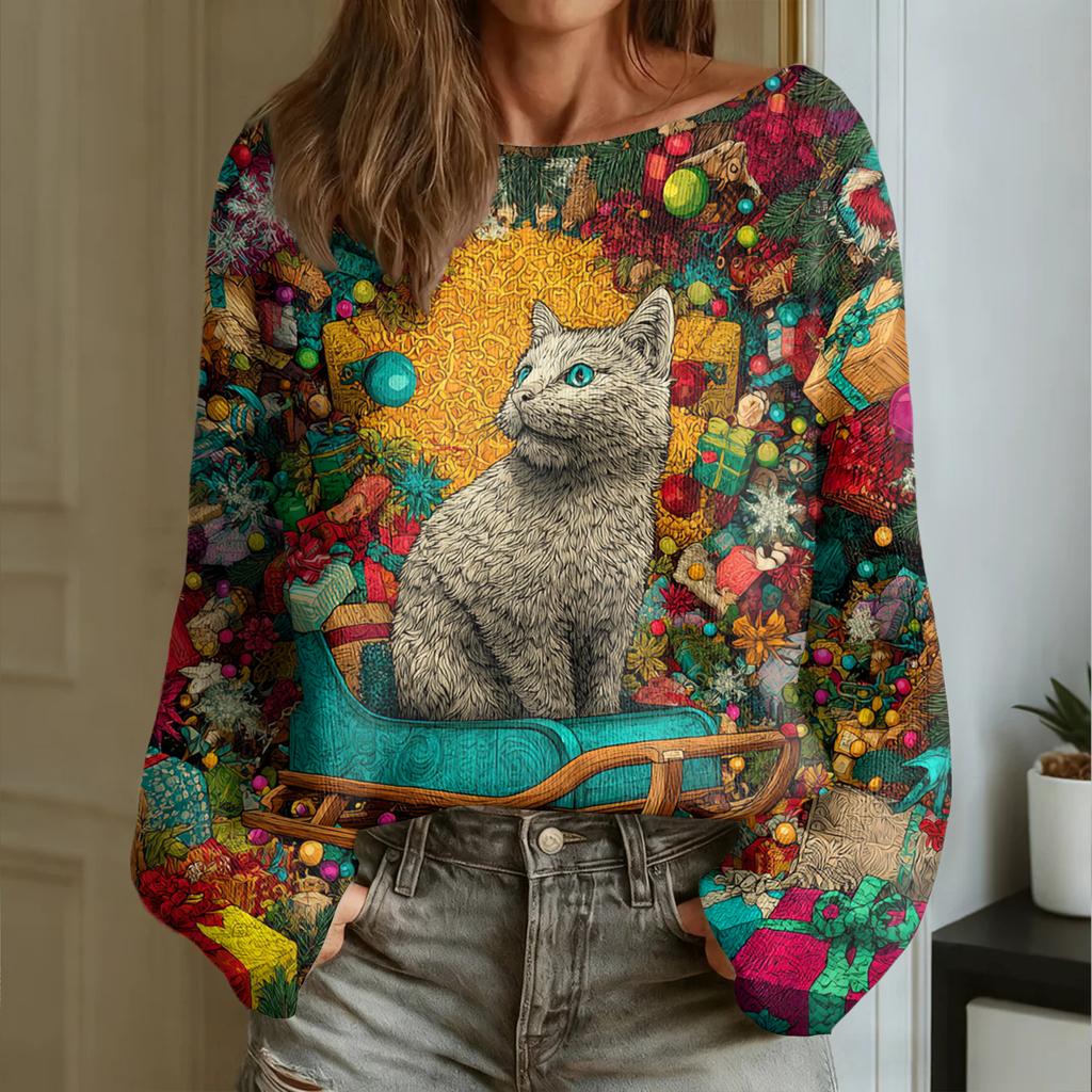 Women's Fashion Round Neck Long Sleeve Christmas Print Casual Pullover Sweater Top