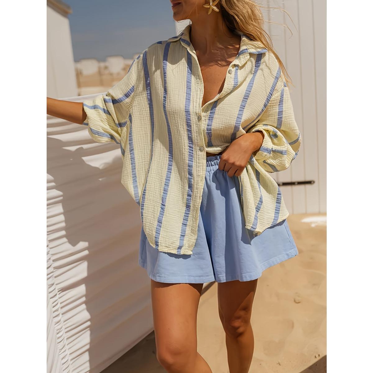Women s  Summer Blue Vertical Striped Loose Breathable Shirt Casual Vacation Oversized Blouse Outerwear S