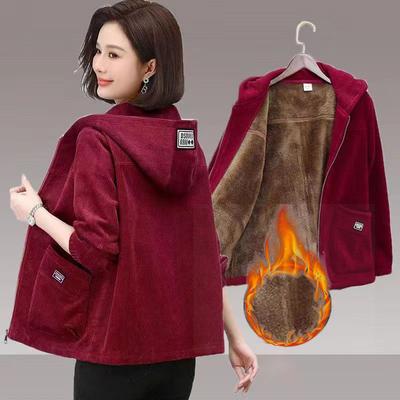 Verdickte Cordjacke Damen Lässige Fleecegefütterte Kapuzenpullover Jacke Warm Herbst Winter Neuer Stil Mama Kleidung