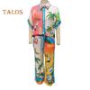 2 Pcs/Set Women Shirt Pants Set Hawaii Vacation Style Colorful Print Single-breasted Short Sleeve Lapel Top High Elastic Waist Wide Leg Trousers