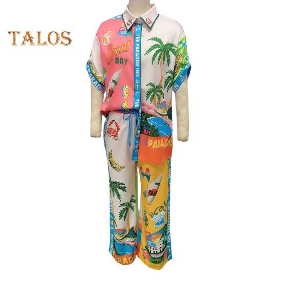 2 Pcs/Set Women Shirt Pants Set Hawaii Vacation Style Colorful Print Single-breasted Short Sleeve Lapel Top High Elastic Waist Wide Leg Trousers