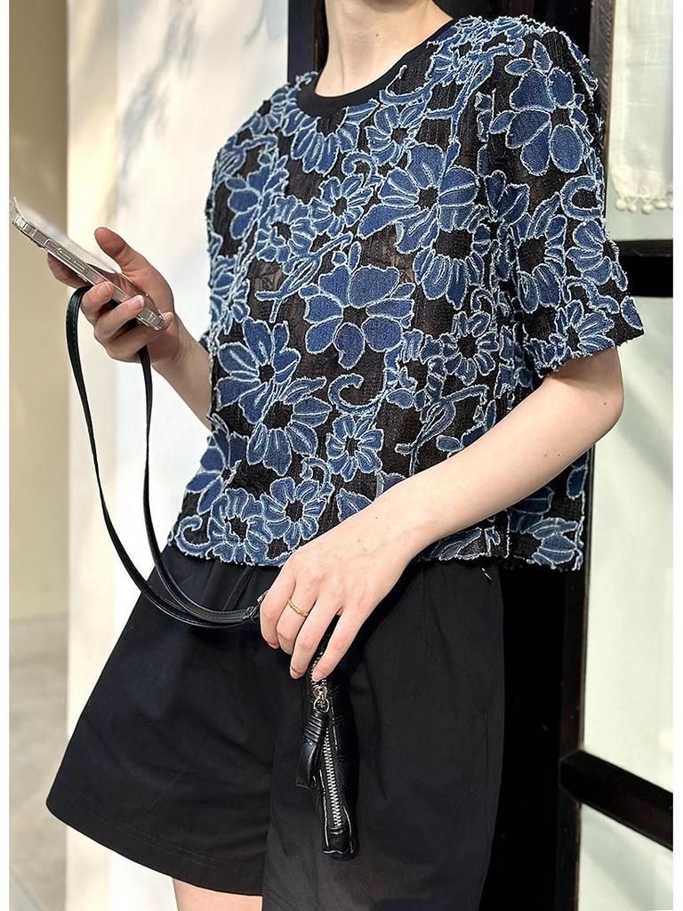 Orange Zhi Xia Summer Lace Cutout Jacquard T-shirt - High-end Round Neck Pullover Top